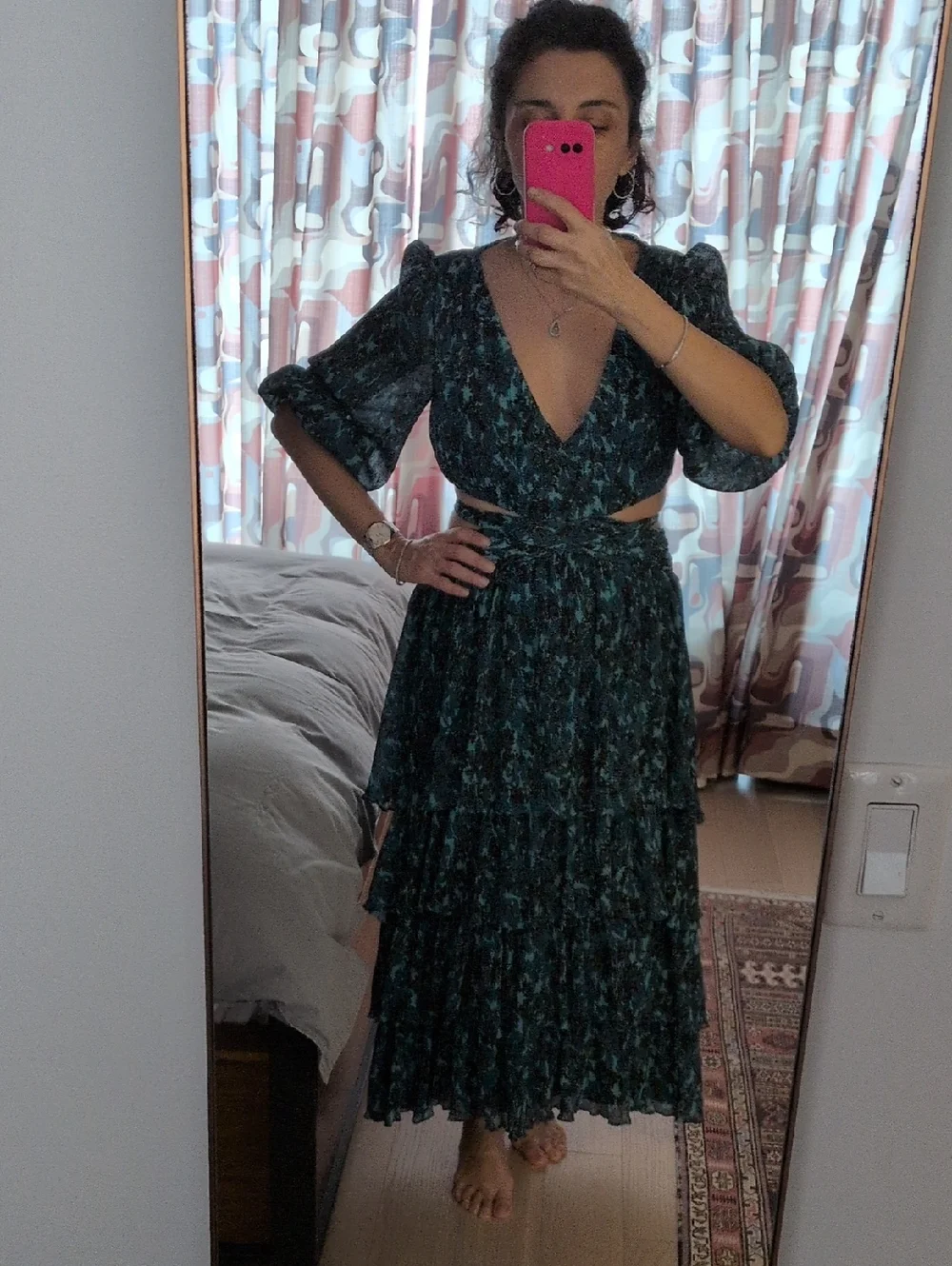 LIKELY - Deep Teal Floral V-Neck Tiered Maxi Dress - Picture 1 of 7